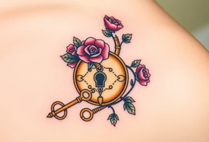 A rose-covered golden lock with a floral-shaped key lying nearby the lock, with vines wrapping gently around them tattoo idea