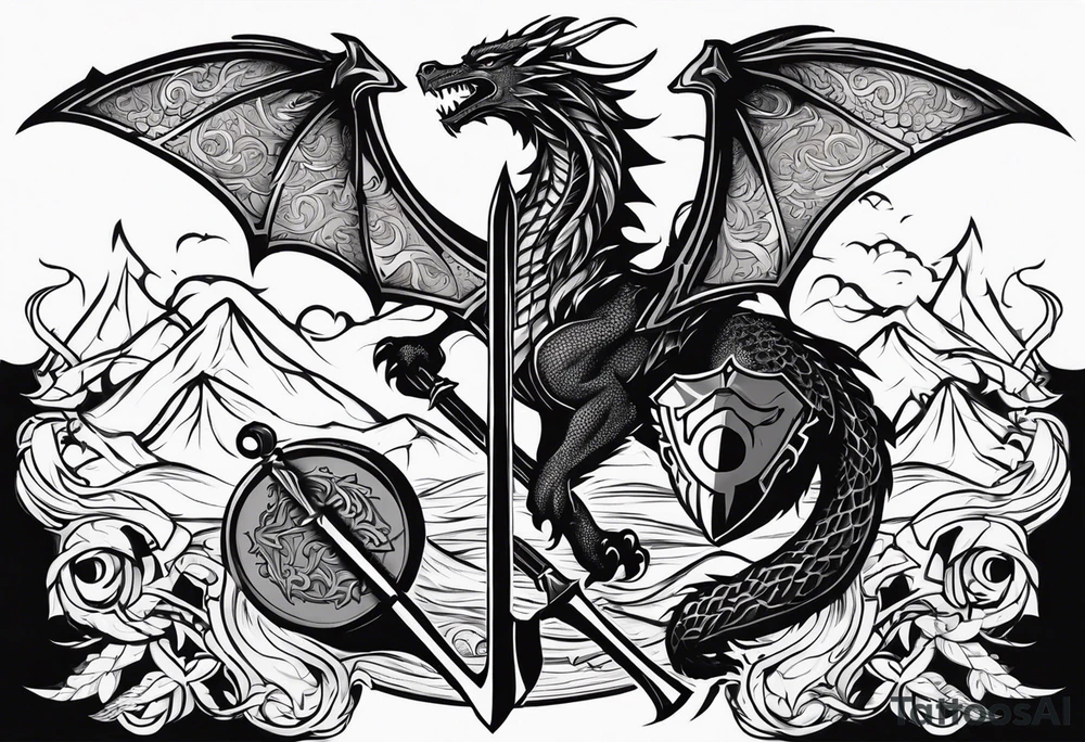 Valhalla sword shield dragon axe valkyrie tattoo idea