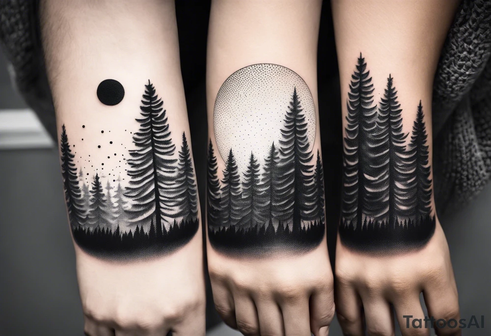 pine tree line fade landscape wolf night tattoo idea