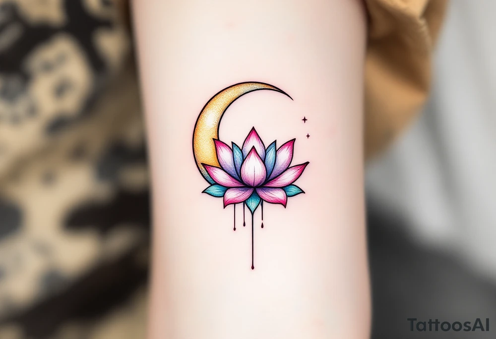 tiny colorful crescent moon with lotus flower tattoo idea