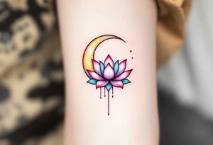 tiny colorful crescent moon with lotus flower tattoo idea