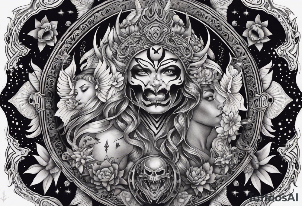 black kali, goddess pirate, alien, angel, pachamama, valkrye, warrior, flying, skull, lotus azul, wing, eagle, zenza resonance, stars, 5D, anahata chakra, death, durga, riding on a tiger, flying lady, kundalini, chest tatoo, rebel tattoo idea