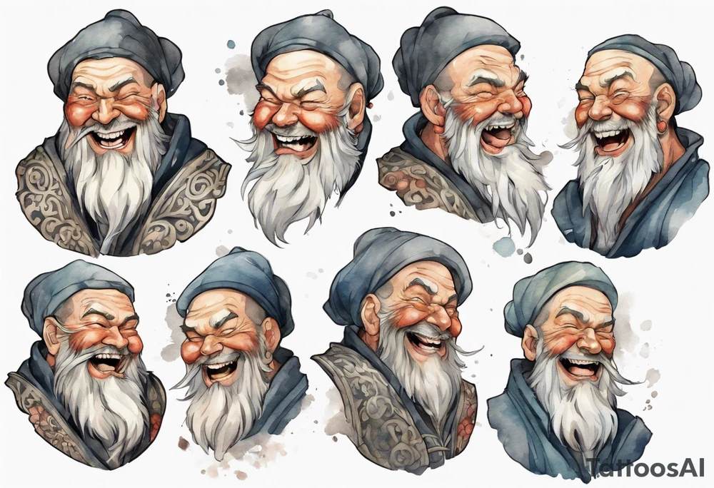 full portrait a large medieval man with a grey beard laughing tattoo idea