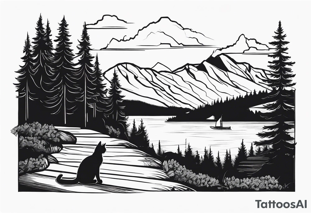 Man waking up trail with cat on side of him, Black Forest and mountains behind with lake tattoo idea
