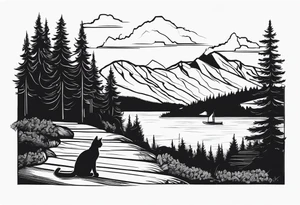 Man waking up trail with cat on side of him, Black Forest and mountains behind with lake tattoo idea