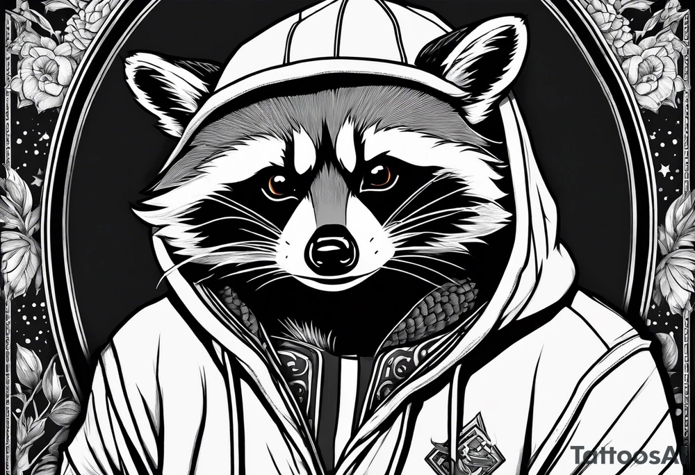 Raccoon wearing an orange Superman hoodie tattoo idea