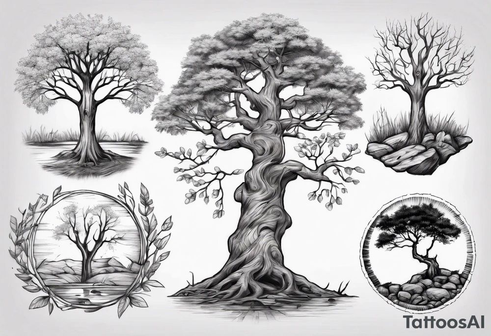 Small nature spring beside a oka tree with sun draw in the tree trunk tattoo idea