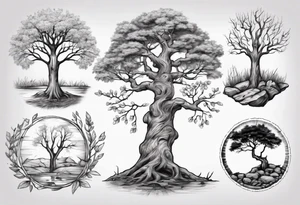 Small nature spring beside a oka tree with sun draw in the tree trunk tattoo idea