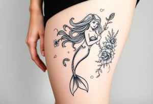 ethereal mermaid with flowing hair among coral and sea flowers and snakes tattoo idea