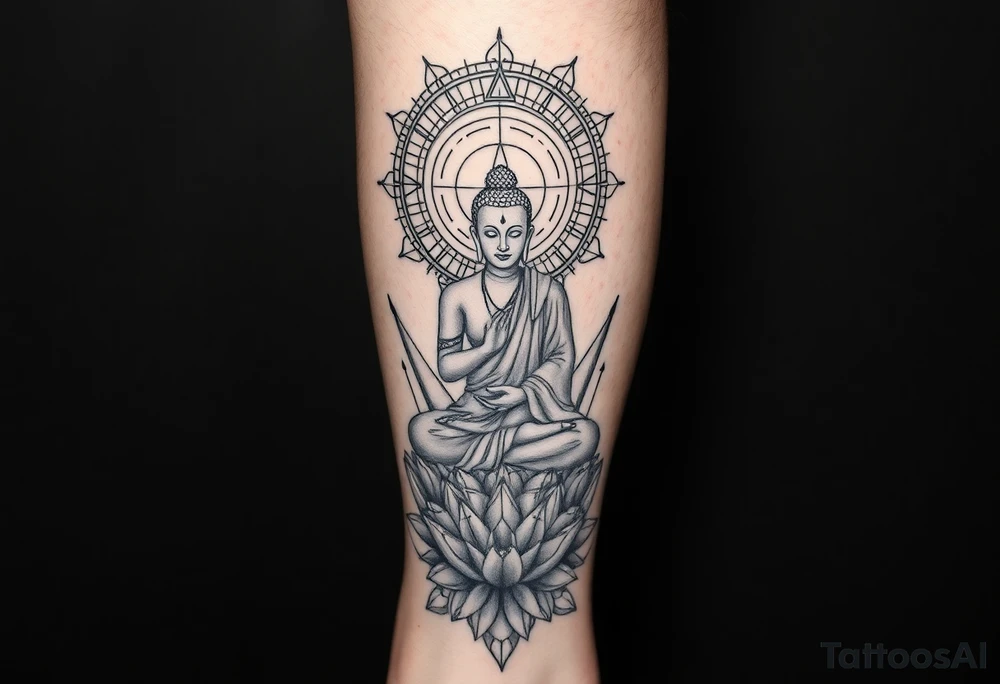 full leg sleeve with buddha above knee, using sacred geometry and space themes tattoo idea