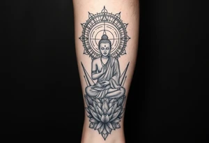 full leg sleeve with buddha above knee, using sacred geometry and space themes tattoo idea