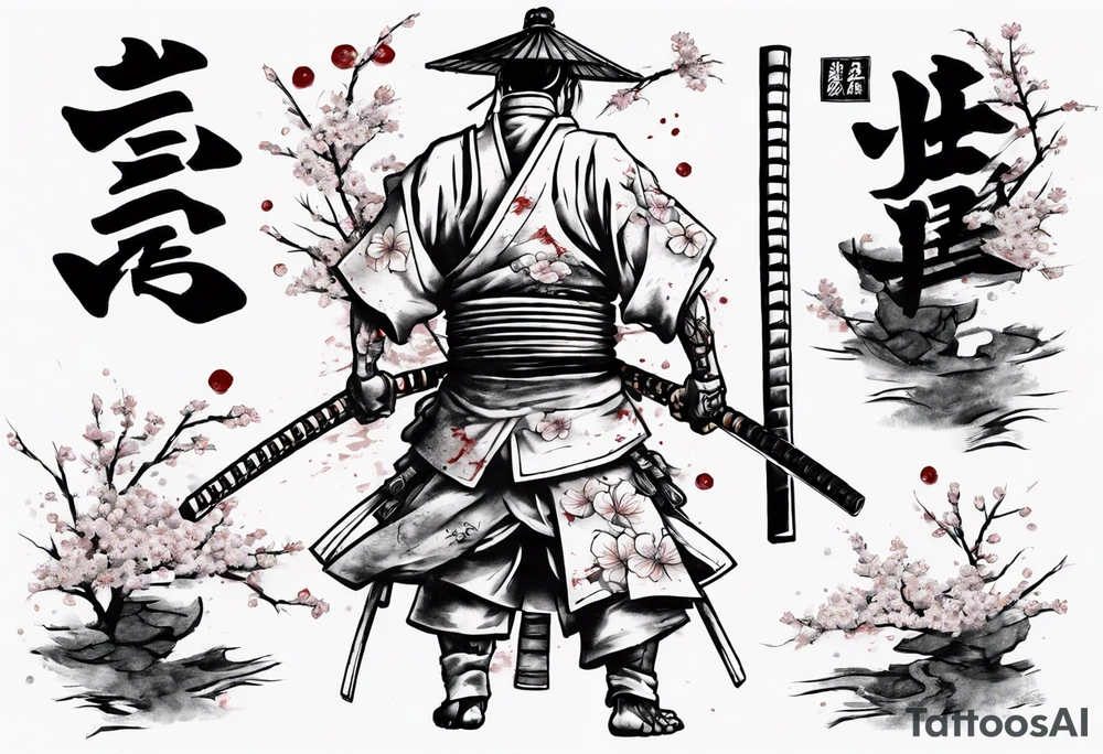 The shogun is standing with his back, he has a hole in his back and where the blood comes from in the form of sakura leaves and many samurai swords stuck in the ground tattoo idea