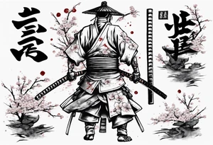 The shogun is standing with his back, he has a hole in his back and where the blood comes from in the form of sakura leaves and many samurai swords stuck in the ground tattoo idea