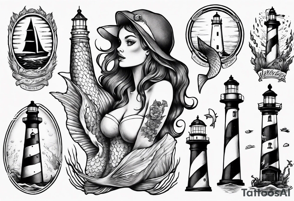 Mermaid looking at lighthouse tattoo idea