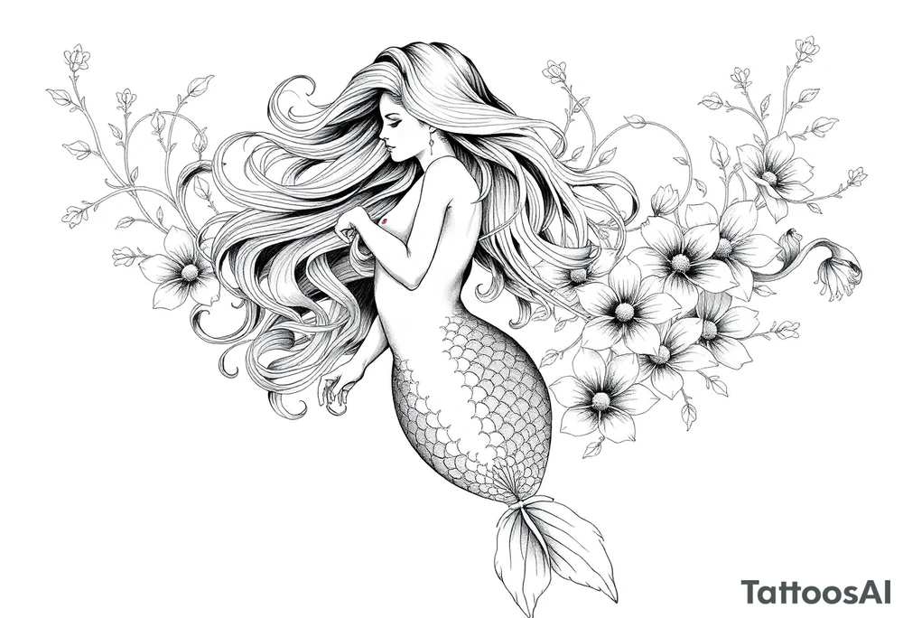 ethereal mermaid with flowing hair among coral and sea flowers tattoo idea