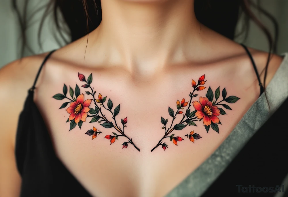 Two separate collarbone tattoos of long, stems and branches covered with red, orange, yellow and dark forest green leaves and flowers, academia, witchy, muted, delicate and gentle but moody, long and thin, following the collarbone. More muted, not so bright, darker colors. Fewer leaves, but larger leaves tattoo idea
