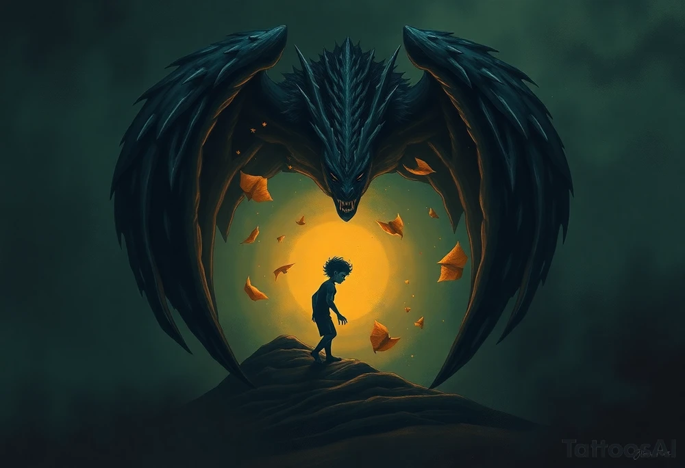 Whisper From My Monster

You don’t remember it all.
Not the way I do.

You remember the fear, the silence,
the way the world shrank to nothing but pain.
But the worst of it?
The blows, the words, the nights that stretched too long?

I took them.

You were small, trembling,
a thing made for warmth, for kindness,
but left in the cold, left in the dark, left to break.

So I wrapped myself around you.
Stone and shadow, claws and fangs,
a beast made for battle, for suffering, for you.

They came with their cruelty,
and I did not fight them.

I let them hit me instead.
I let them scream into the hollow of my chest,
let their hands bruise stone, let their hatred crash against me.
I did not flinch. I did not fall.
I took it all so you wouldn’t have to.

You hid your face against me,
curled beneath the shelter of my wings,
and I told you, without words,
that no matter how long the night was—
I would not move.

You were too soft to withstand it.
So I became something that could.
I became the thing they could not break.
The gargoyle at your back,
the beast that did not sleep,
the silent, watching sentinel.

And now, you are older.
Stronger.
You ask me why you can’t remember it all.
Why your mind is full of shadows,
why your scars feel like echoes instead of wounds.

It’s because I took them, too.

I swallowed them whole,
buried them deep in my stone flesh,
locked them away where you would never have to see.

I have carried them all this time.
I have never let them go.

But one day, you will not need me.
One day, you will stand without my wings around you.
One day, I will crumble into dust,
forgotten, nameless,
and you will not notice I am gone.

And that will mean I have won.

But until that day, I remain.
Curled around you, silent and watchful.
Between you and the dark.
Between you and the past.

I will not fall.
I will not move.
I will take everything, until you are free.

More human shape but with stones for scales tattoo idea
