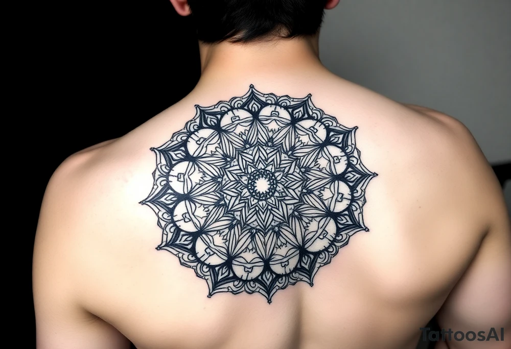 intricate mandala with sacred geometry and cosmic elements tattoo idea