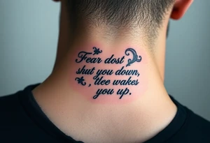 "Fear does not shut you down, it wakes you up engraved in an elegant script, surrounded by subtle abstract smoke tattoo idea