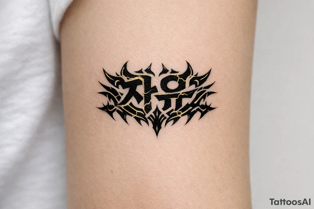 free written in korean with kpop demon hunters patterns, have it evoke the styling of korean writing and incorporate golden joinery less symetrical make it more demoniczne tattoo idea