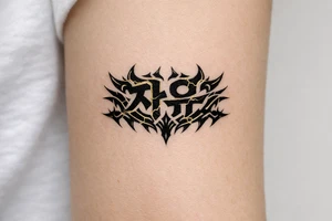 free written in korean with kpop demon hunters patterns, have it evoke the styling of korean writing and incorporate golden joinery less symetrical make it more demoniczne tattoo idea
