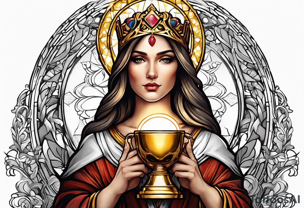 woman saint holding chalice surrounded by golden halo portrait tattoo idea