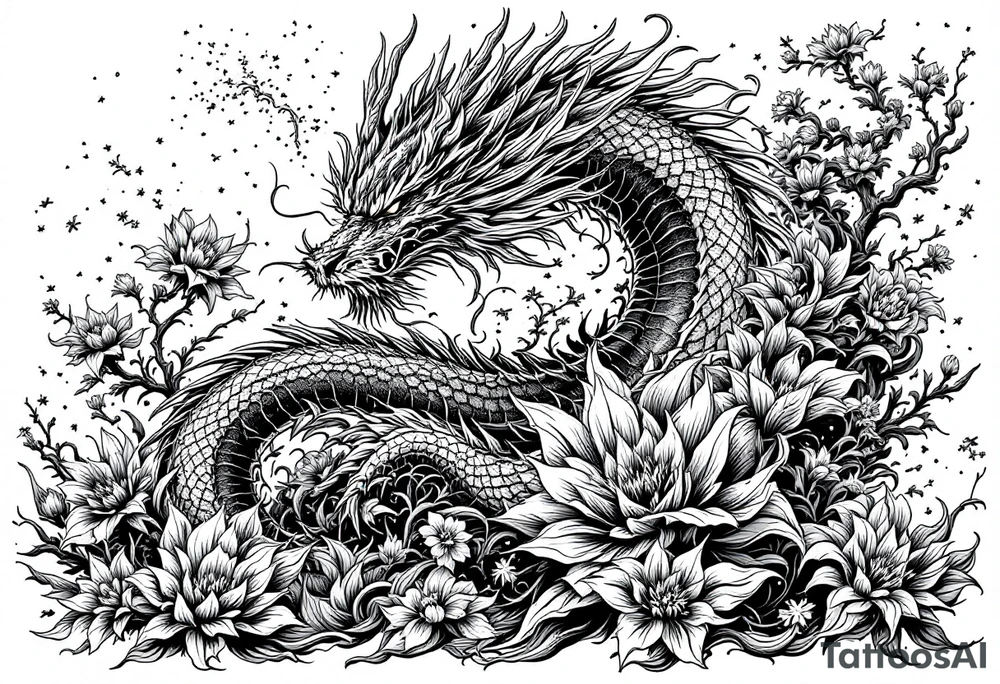 legendary dragon scene with energy aura flowers power effects tattoo idea