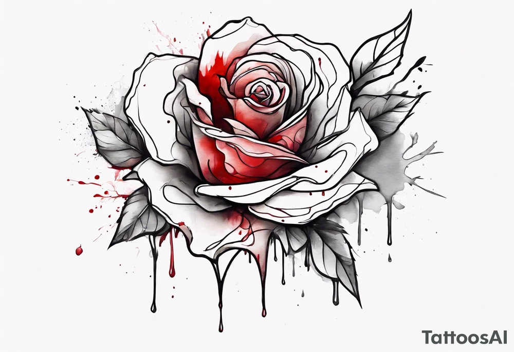 rose flower, one line, red blood dripping from the flower, tall, watercolor tattoo idea
