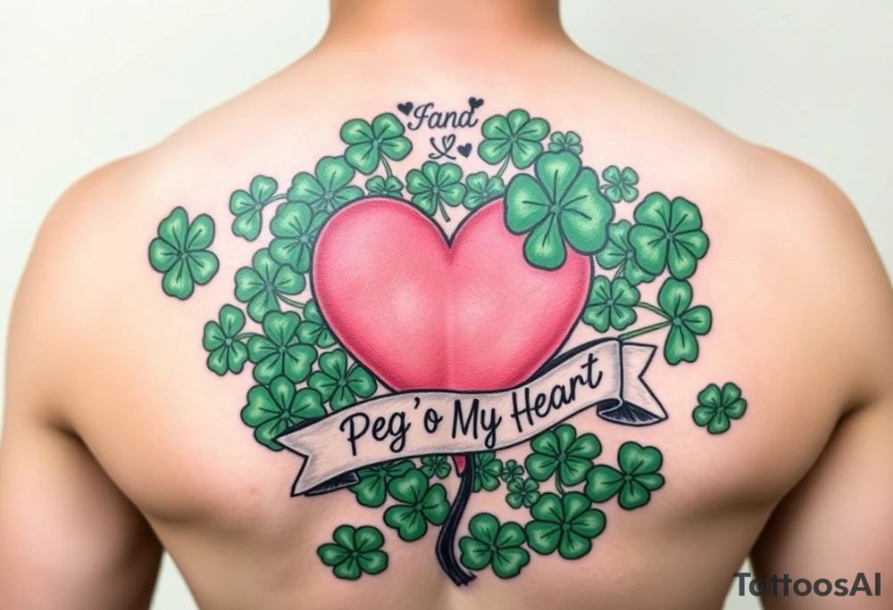 A ton of green shamrocks with a big Pink heart and a banner across the heart that says Peg 'o My Heart tattoo idea
