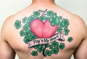 A ton of green shamrocks with a big Pink heart and a banner across the heart that says Peg 'o My Heart tattoo idea