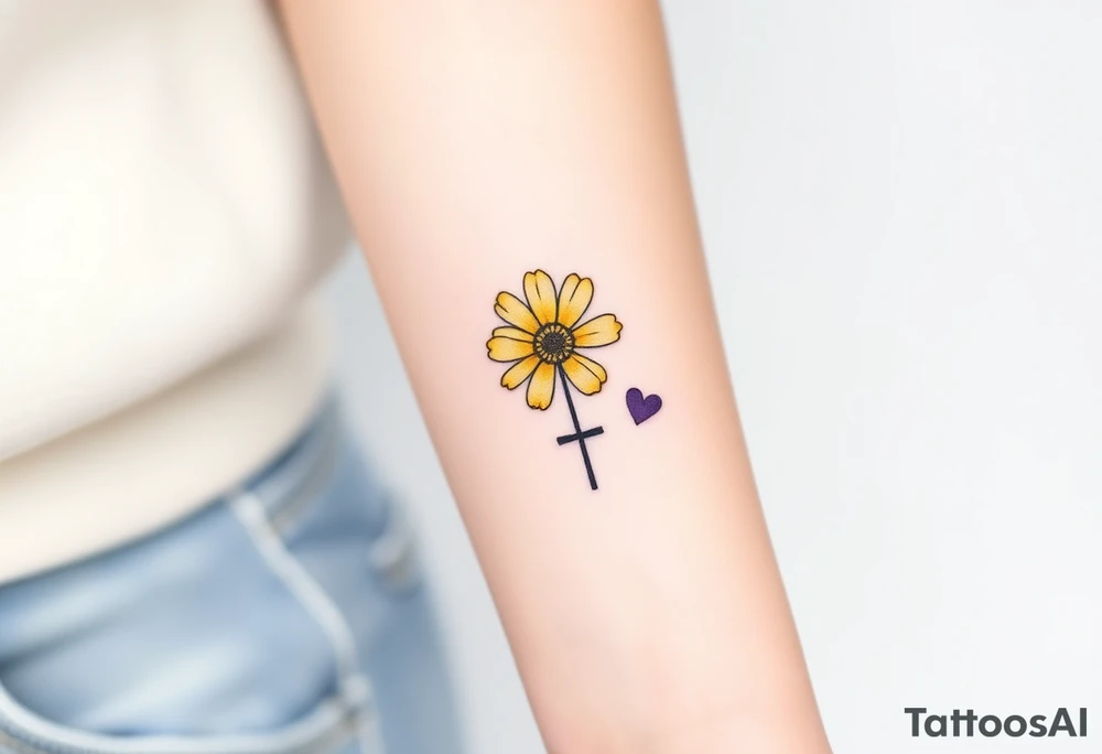 Simple yellow daisy with Purple Hearts & cross tattoo idea