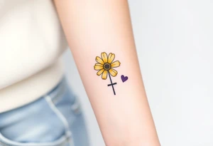 Simple yellow daisy with Purple Hearts & cross tattoo idea