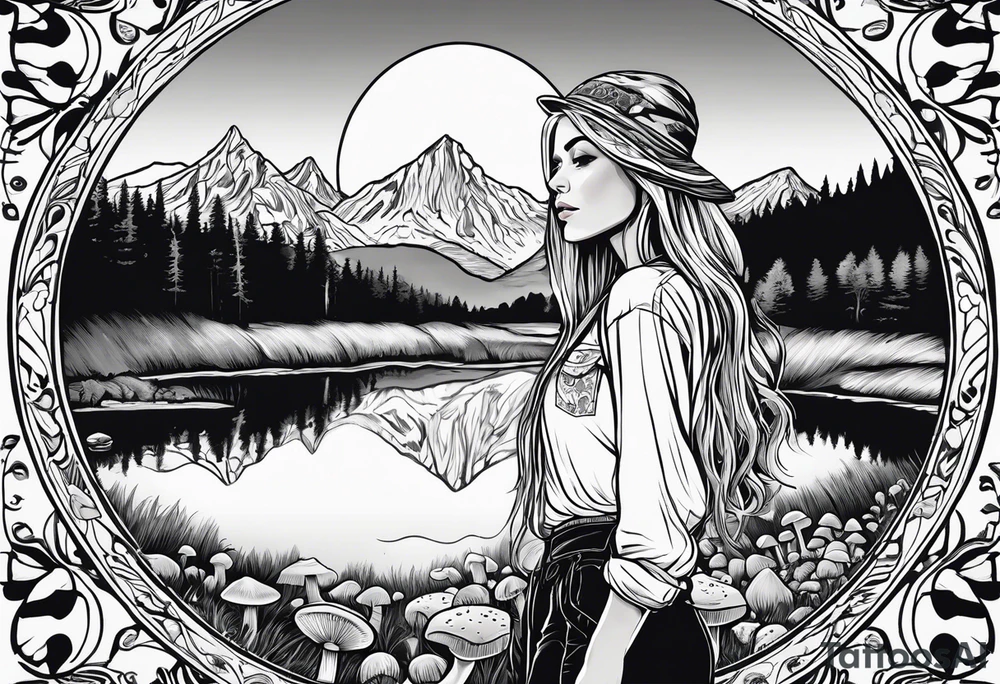 Whole picture encircled fully

Straight long blonde hair hippie girl in distance holding mushrooms in hand facing away toward mountains and creek surrounded by mushrooms long sleeve shirt and hiking pants; whole rendering within a full circle, no cut off circle tattoo idea