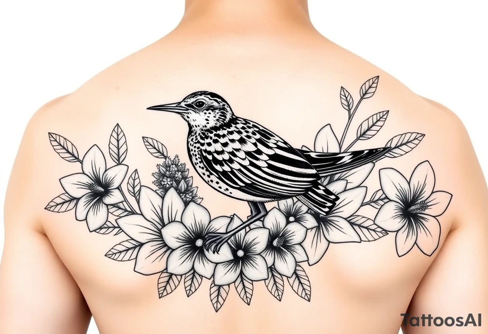 Female pacific golden plover (kolea) bird with heliconia flowers, hibiscus flowers, bird of paradise flowers, beehive ginger, shampoo ginger, red tahitian ginger, surrounded by crown flower lei, puakenikeni lei, and ti leaf lei tattoo idea