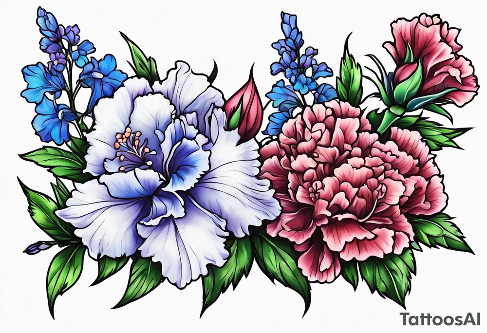 Larkspur flowers and carnation flowers in all color tattoo idea