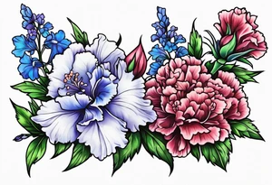 Larkspur flowers and carnation flowers in all color tattoo idea