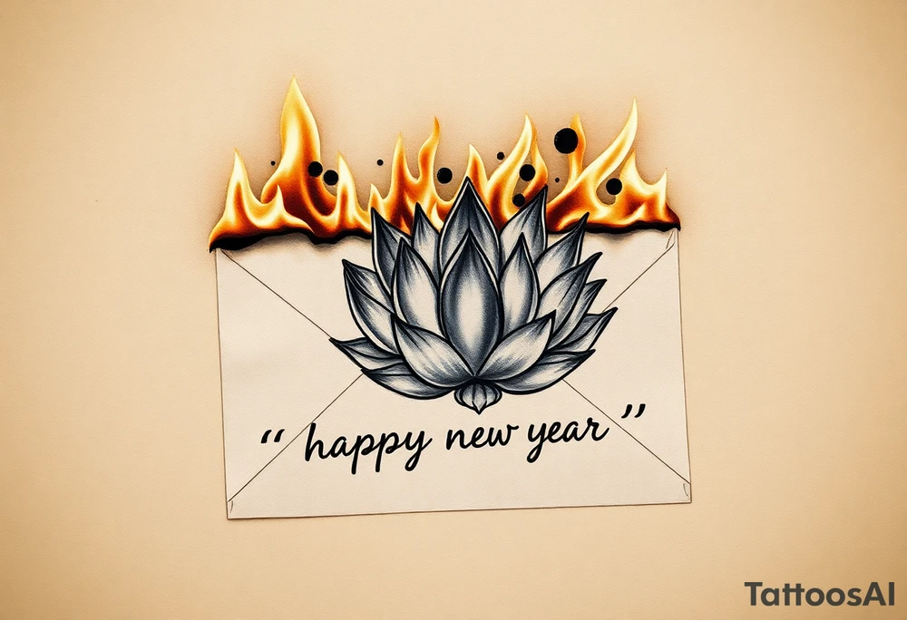 burning envelope with flames, charred paper texture, partially burnt edges, smoke and sparks   lotus flower surrounding envelope, watercolor lotus with gradient petals, traditional ink style lotus   handwritten text "hamburger, happy newyear", vintage cursive font on burnt paper, faded ink effect   neo-traditional tattoo, ink wash lotus, blackwork shading tattoo idea