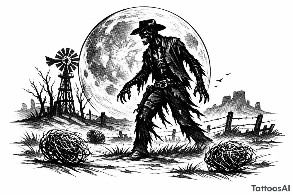 Zombie cowboy silhouette on a moonlit prairie, tumbleweeds rolling. tattoo idea
