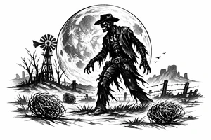 Zombie cowboy silhouette on a moonlit prairie, tumbleweeds rolling. tattoo idea