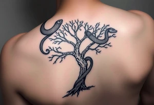 "I want a tree tattoo on my back, with a snake wrapping around the tree and continuing up over my right shoulder, ending with its head on my left shoulder." tattoo idea