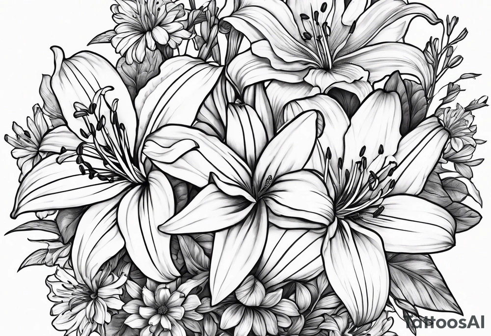 Bouquet of lily, marigold, cosmo, and aster tattoo idea Bouquet of lily, marigold, cosmo, and aster tattoo idea