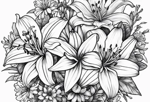 Bouquet of lily, marigold, cosmo, and aster tattoo idea