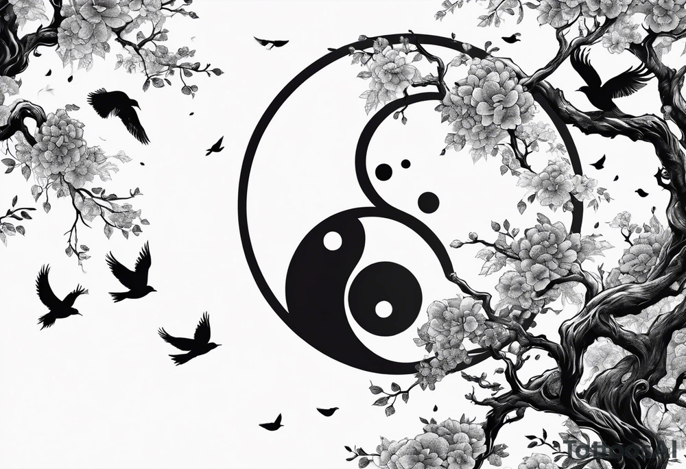 yin yang, tree, birds tattoo idea