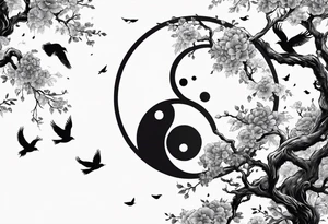 yin yang, tree, birds tattoo idea