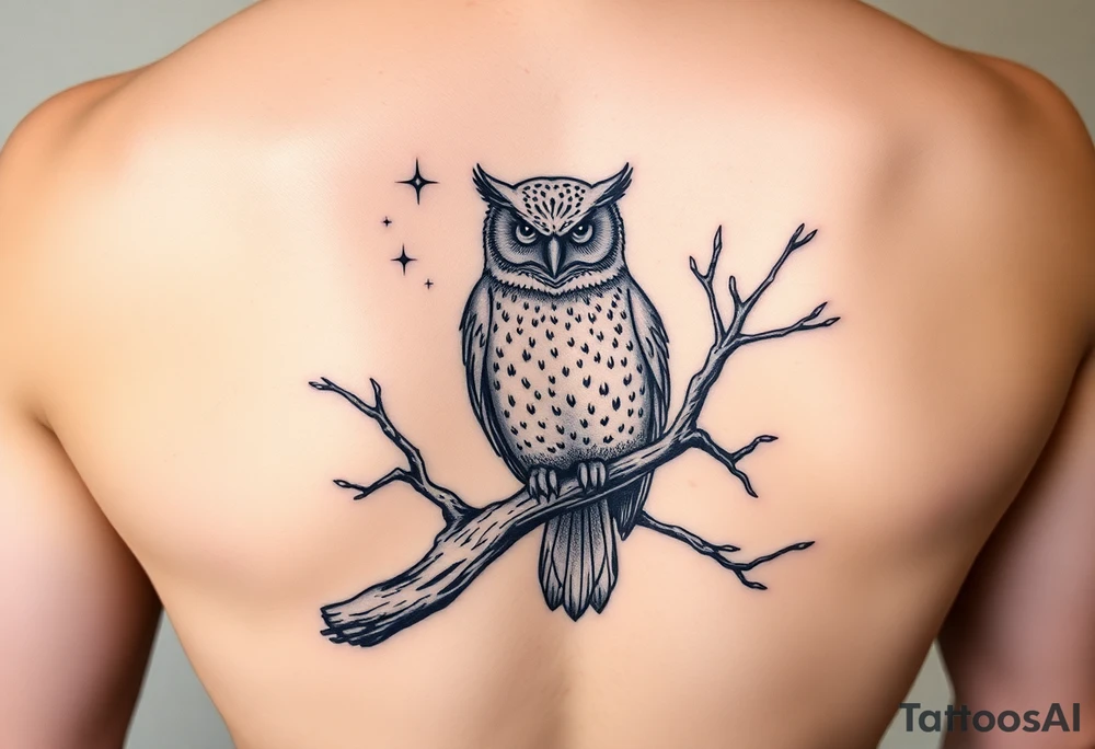 wise owl perched on ancient oak branch under starlit sky tattoo idea