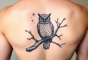 wise owl perched on ancient oak branch under starlit sky tattoo idea