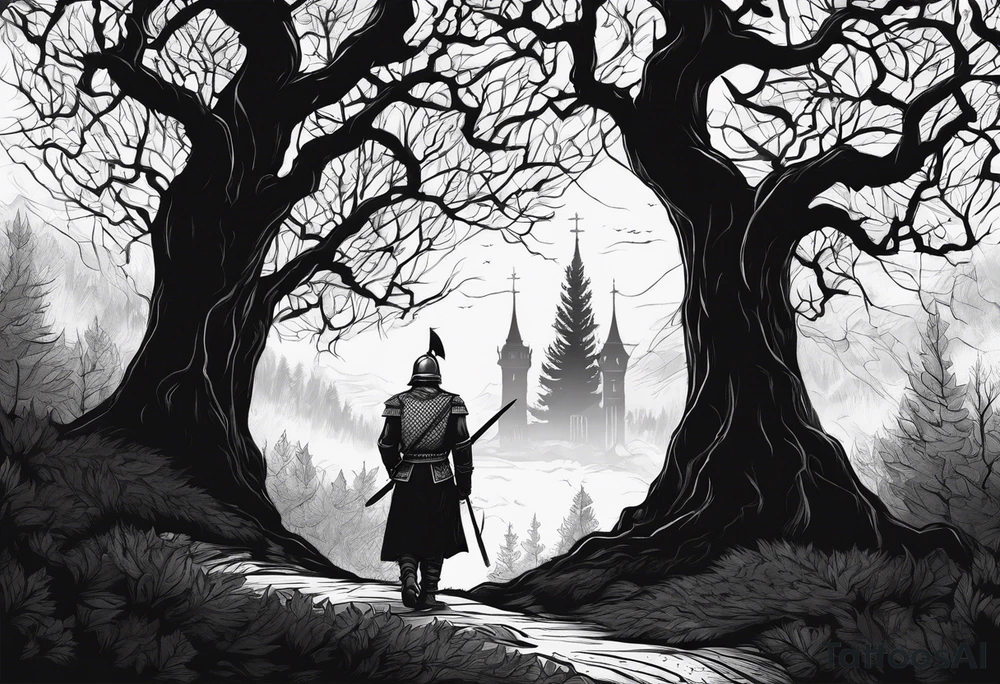 minimalist tall gothic trees, with an ancient slavic rus soldier wearing a helmet and a spike in hand in the background tattoo idea