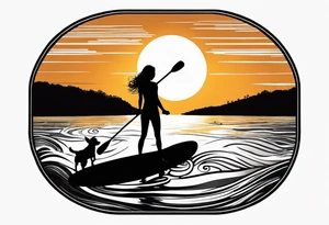 Silhouette of girl and little yorkie paddle boarding. Minimalist. Circle sun water tattoo idea