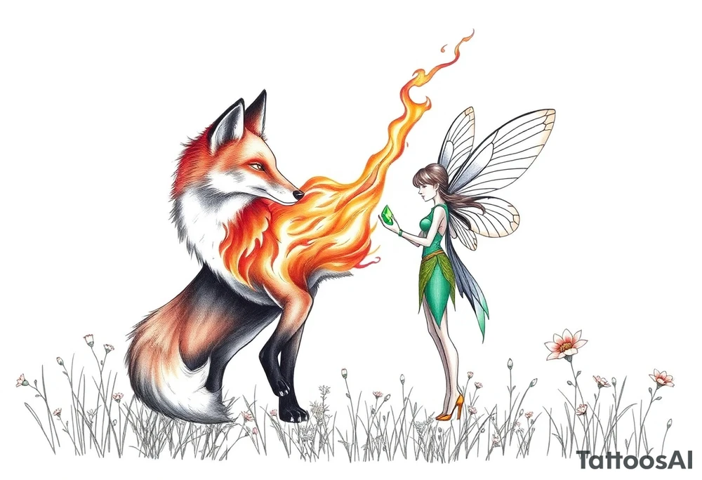 Fox made of fire with a fairy standing close to it  holding a emerild jem in a field of lillys tattoo idea