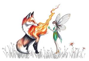 Fox made of fire with a fairy standing close to it  holding a emerild jem in a field of lillys tattoo idea